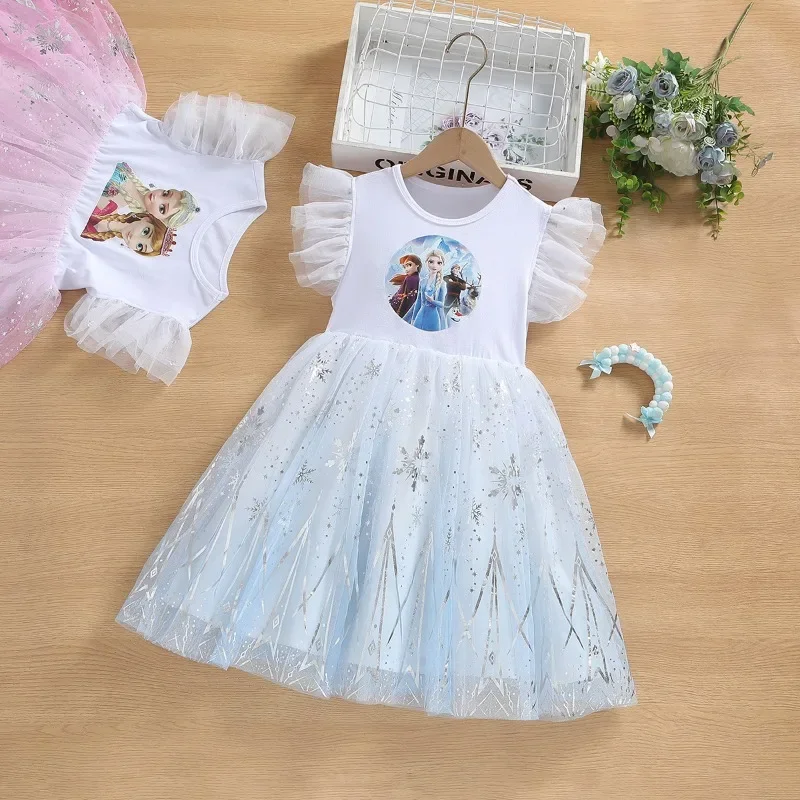 새로운 여름 키즈 vestidos 코튼 웨딩 의류 파자마 탑 아기 소녀 드레스 만화 냉동 엘사 인쇄 공주 파티 드레스