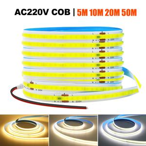 AC 220V COB LED 스트립 조명 5M 10M 20M 50M 유연한 COB LED 테이프(접착 테이프 포함) 240LED 고밀도 선형 조명 리본