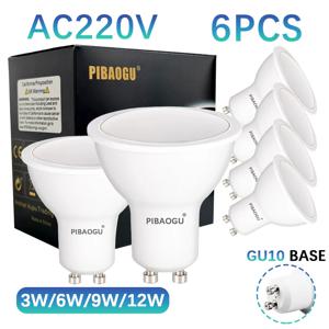 6개 GU10 LED 전구 LED 스포트라이트 AC220V 3W 6W 9W 12W GU10 디밍 가능 깜빡임 없는 에너지 절약 전구 침실 거실용