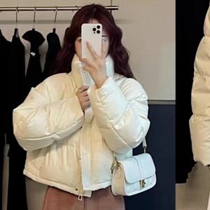 커피메일라드 스탠드업 칼라 신상 숏 2025 겨울 여성용 쁘띠 패션 브레드 따뜻한 두꺼운 PU 가죽 다운 코튼 재킷
