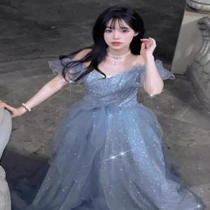 프린세스 스타일 원숄더 졸업 드레스 우아한 생일 파티 여성 패션 롱 스커트 반팔 고급스러운 느낌