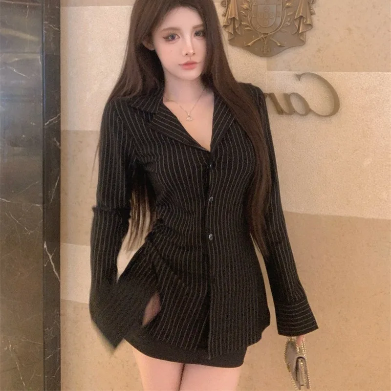 여성 슬림 피트 스트라이프 셔츠 긴 소매 턴 다운 칼라 레트로 한국 스타일 가을 섹시한 탑 모든 경기 패션 인기