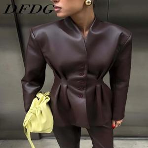 DFDG 여성용 봄 여름 만다린 싱글 브레스티드 루치드 피티드 인조가죽 재킷 캐주얼 2026 트렌디 여성 패션 재킷