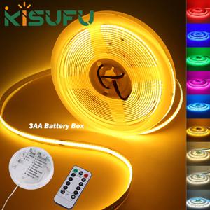 3AA 배터리 박스 5V COB LED 라이트 스트립 (리모컨 포함) 블루 화이트 옐로우 웜 레드 8MM PCB 플렉시블 접착 테이프 실내 주방 장식용