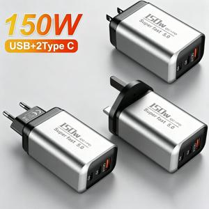 150W USB 타입 C 충전기 USB QC3.0 고속 충전 휴대폰 충전기 여행용 어댑터 (아이폰 17, 삼성, 샤오미 호환) EU/UK/US 플러그