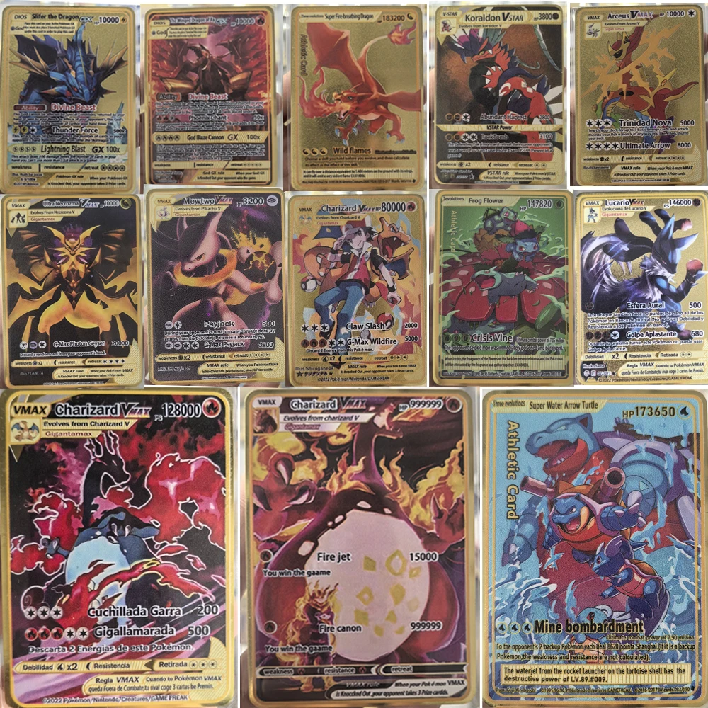 10000HP Charizard Vmax 포켓몬 카드 금속 영어 카드 Arceus GX Vstar V 골든 리미티드 키즈 선물 게임 배틀 컬렉션 카드
