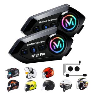RGB 라이트 오토바이 인터콤 V12 Pro 블루투스 5.3 헬멧 헤드셋 노이즈 감소 무선 이어폰 방수 인터콤