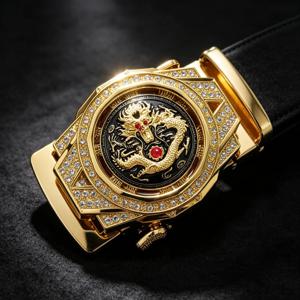 1개 골드 인레이드 라인스톤 드래곤 합금 자동 벨트 버클, 벨트 스트랩 폭 ≤3.5cm에 적합, 남성용 교체 버클
