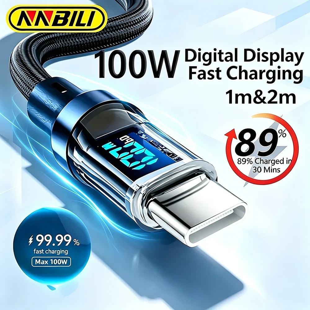 NNBILI USB to Type C 케이블 120W 고속 충전기 USB Type C to USB C 디스플레이 코드 (샤오미 POCO, 화웨이, 맥북, Honor 1/2m)