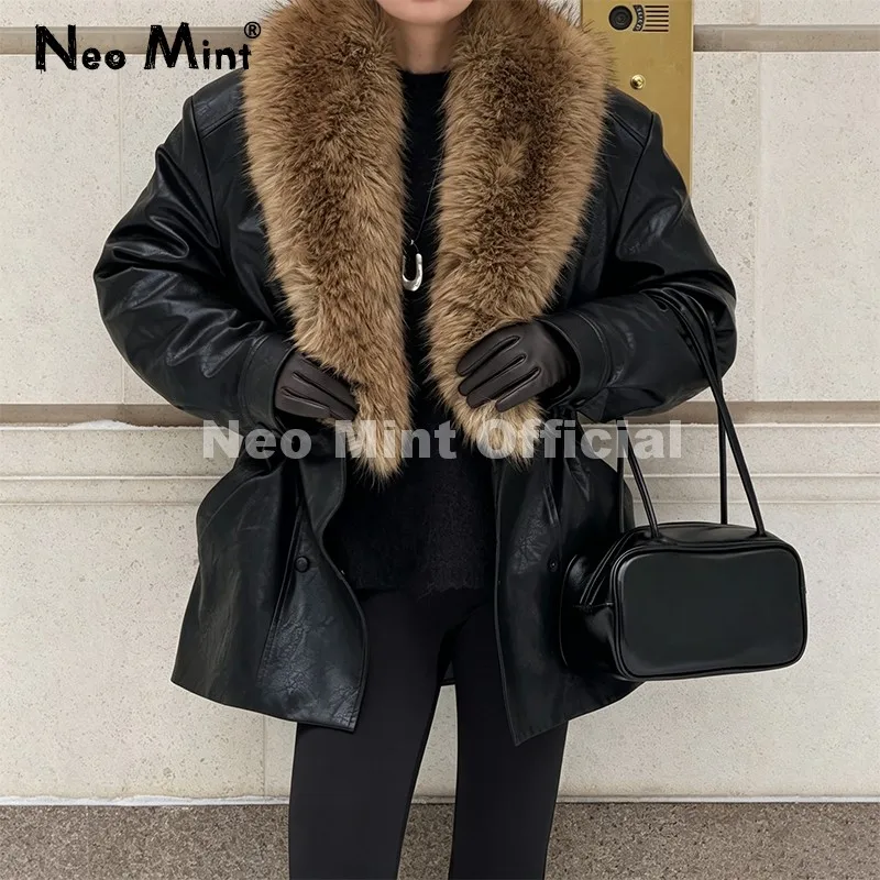 네오 민트 럭셔리 브랜드 패션 디자인 블랙 롱 인조 가죽 코트 여성 탈부착 가능한 퍼 칼라 오버사이즈 PU 가죽 재킷 블레이저