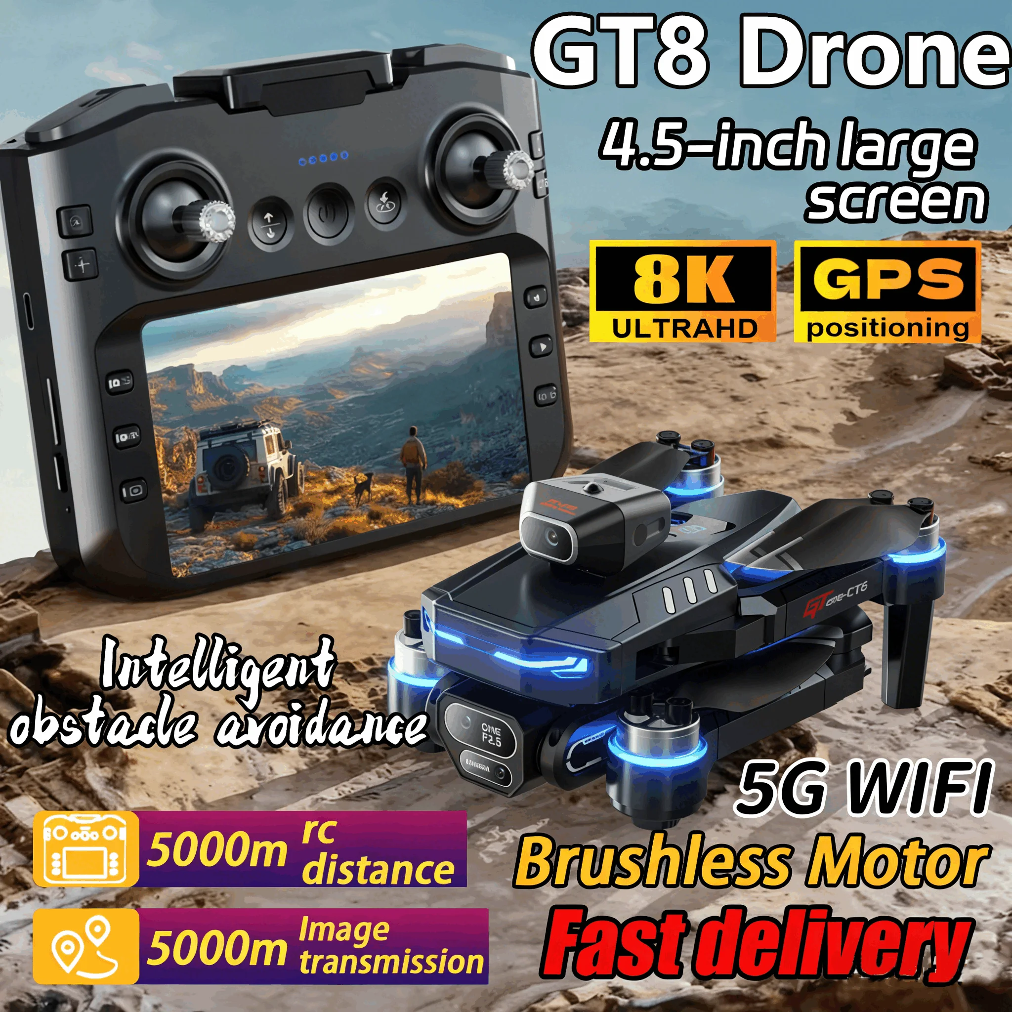 GT8 드론 8K HD 전문가용 듀얼 카메라 WiFi 광학 흐름 포지셔닝 브러시리스 UAV 화면 장애물 회피 RC 드론