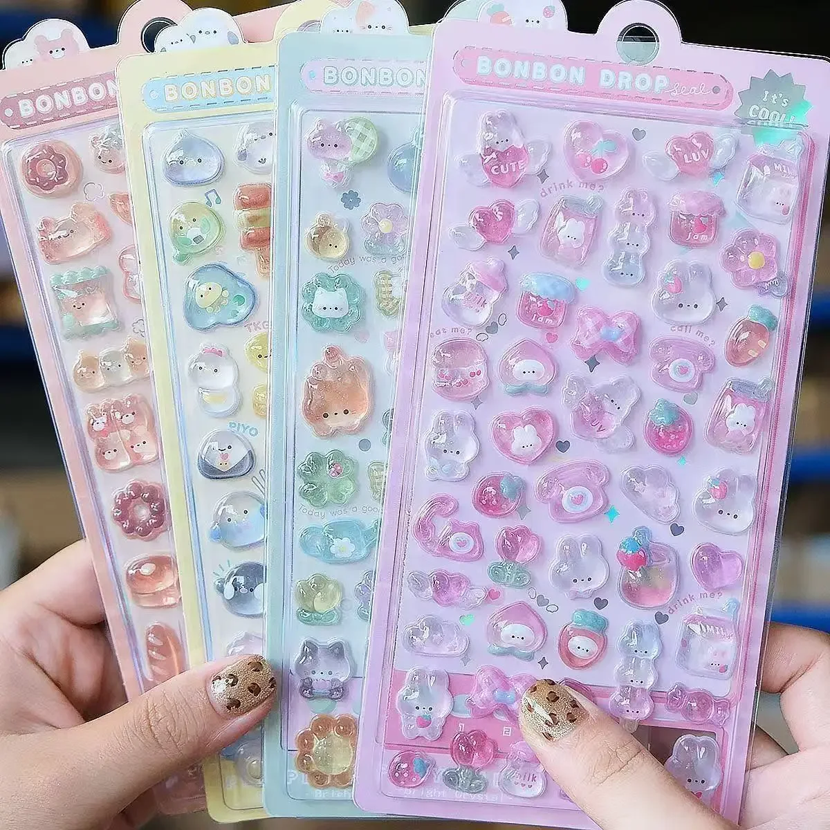 =-=2027Kawaii 3D 젤리 수지 스티커 귀여운 만화 반짝이 투명 데칼 스크랩북킹용 전화 케이스 노트북 DIY 장식