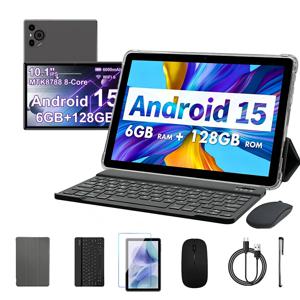 10.1인치 태블릿 안드로이드 15, 옥타코어 프로세서, 6GB 램 128GB 롬, 5G 와이파이 태블릿 (키보드, 마우스, 보호 케이스 포함)
