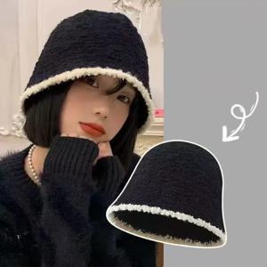 여성용 가을 겨울 모자, 큰 머리 둘레 버킷햇, 일본 스타일 모자, 블랙 니트 플러시 피셔맨 모자, 심플한 디자인