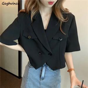 여성용 반팔 불규칙 블랙 블레이저, 더블 브레스트 크롭 탑, 루즈 아웃웨어 슈트, 얼짱 오피스 레이디, 여름 유행