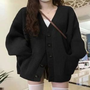 루즈 카디건 여성 긴 소매 v 넥 니트 블랙 Slouchy All-match 여성 가을 ​​겨울 코트 한국어 세련된 헐렁한 탑 MLQ9