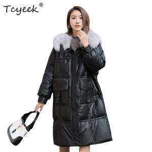 Tcyeek 리얼 양가죽 가을 겨울 화이트 덕다운 블랙 미디엄 롱 여성용 천연 가죽 재킷