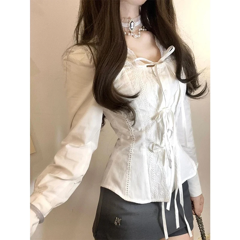 카와이 크롭 화이트 셔츠 여성 패션 큐트코어 레이스 밴디지 블라우스 봄 한국 프레피 싱글 브레스티드 롱 슬리브 탑스