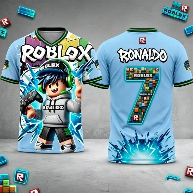 Roblox 어린이 티셔츠 맞춤형 호날두 이름 번호 3D 프린트 저지 스타일 반팔 캐주얼 키즈 팬들을 위한 여름 스포츠웨어