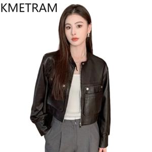 KMETRAM 리얼 양피 가죽 자켓 여성 스탠드 칼라 짧은 코트 정품 가죽 자켓 새로운 가을 여성 의류 2026 casaco