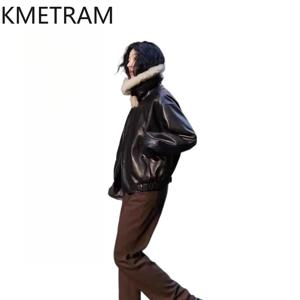 KMETRAM 정품 양가죽 코튼 자켓 여성 패션 울 칼라 숏 자켓 캐주얼 겨울 바이커 코트 여성 의류 2026 패딩