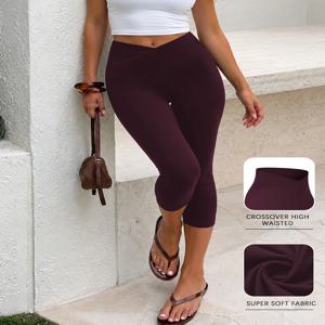 여성용 초소프트 크로스오버 하이웨이스트 카프리 팬츠 뱃살 보정 노시스루 운동 요가 러닝 레깅스