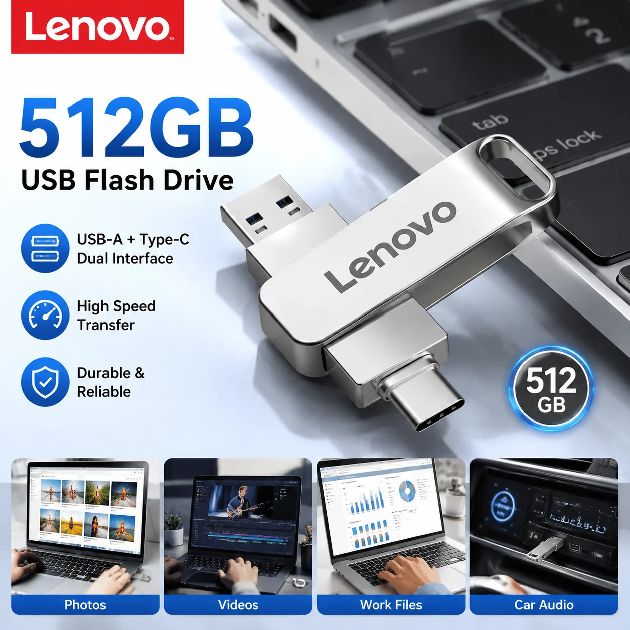 레노버 고속 타입-C 2-in-1 USB 플래시 드라이브 OTG 펜 드라이브 메모리 스틱 펜드라이브 512GB 128GB 256GB (휴대폰, PC, 네트워크 카드용)