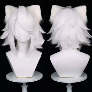 HAIRJOY ​​합성 머리 할로윈 고양이 머리 헤어스타일 코스프레 가발 흰색 의상 애니메이션 가발 로즈 네트