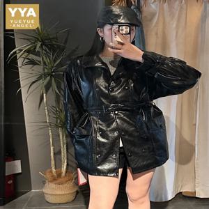가을 여성용 더블 브레스티드 벨티드 허리 미디엄 롱 재킷 모토 바이커 방풍 양가죽 진짜 가죽 재킷 아우터