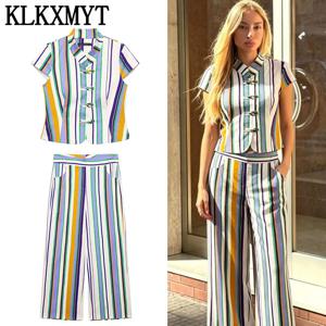 KLKXMYT 세련된 스트라이프 바지 세트 여성 민소매 짧은 셔츠 탑 스트레이트 바지 정장 2026 여름 여성 의상 ﻿