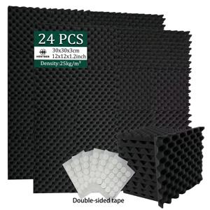 24개입 블랙 에그 크레이트 방음 어쿠스틱 폼 패널 30×30×3cm, 양면 접착 테이프 포함, 녹음 스튜디오 및 홈시네마용