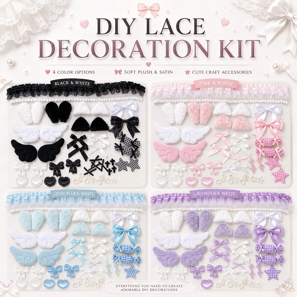 달콤한 소녀풍 DIY 데코 키트 레이스 리본 활 천사 날개 토끼 귀 가방 액세서리 로리타 애니메이션 카드 배지 가방 수제 장식