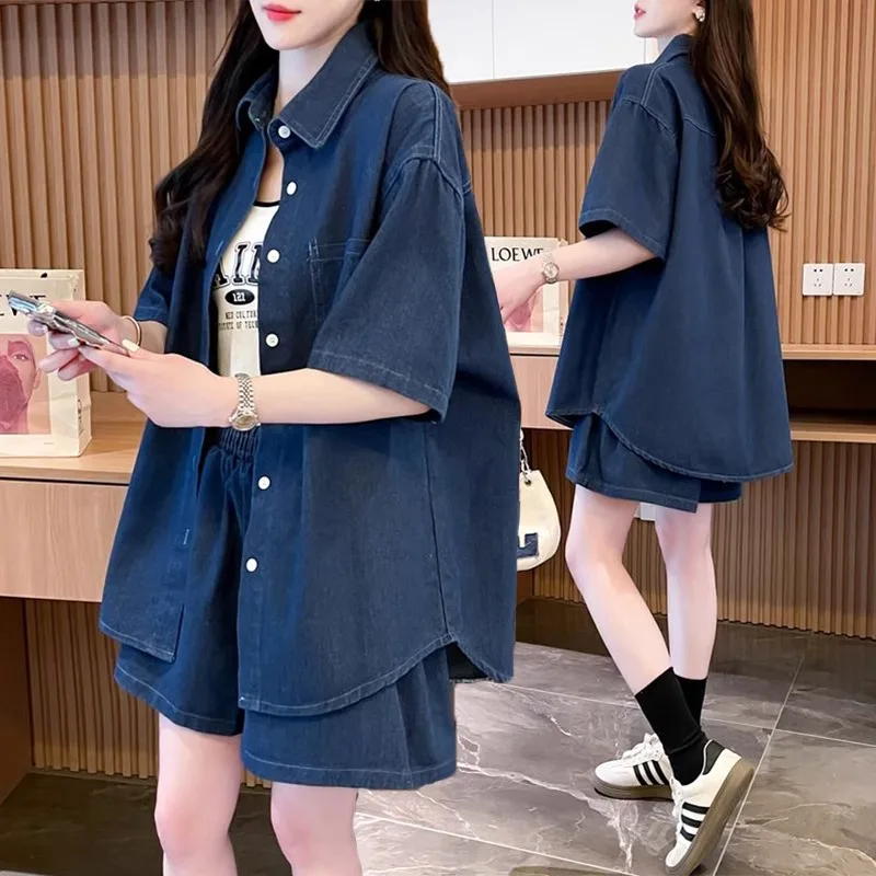 유행하는 캐주얼 스포츠웨어 세트 여성용 루즈핏 데님 셔츠 반바지 투피스 여름 의상 한국 스타일 캐주얼 의류