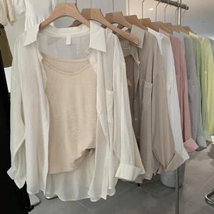 유행하는 여름 여성용 자외선 차단 아이스 실크 시폰 셔츠, 다용도 스타일리쉬 고급스러운 느낌의 루즈핏 긴팔 버튼업