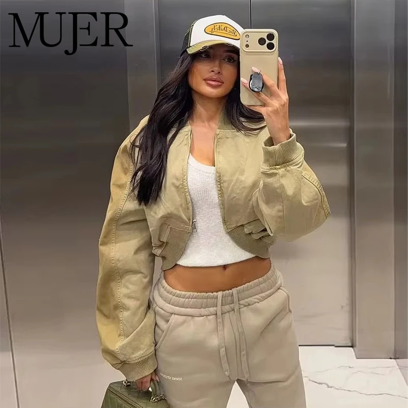 MUJER 여성용 바시티 봄버 재킷 지퍼 크롭 재킷 여성용 아우터 캐주얼 여성용 코트 긴 소매 여성용 재킷