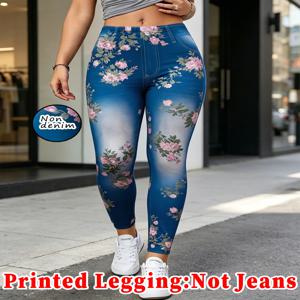【Non-Denim】여성용 인조 데님 프린트 레깅스, 스포츠 캐주얼 스키니 팬츠, 얇고 부드러운 피부 친화적인 요가 팬츠, 올시즌 롱 팬츠