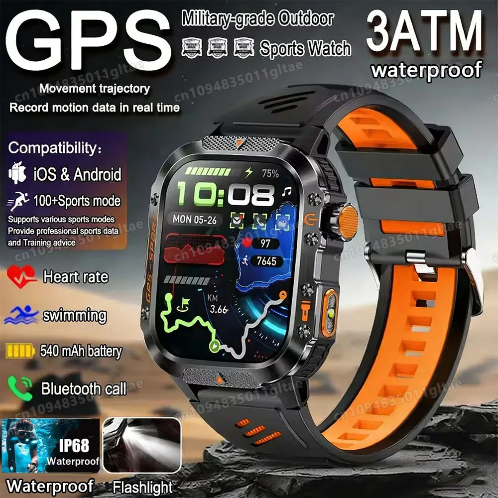 2026 새로운 군용급 스마트 시계 남성용 GPS 손전등 3ATM 방수 시계 블루투스 통화 100+스포츠 야외 스마트워치 Pk Hw12