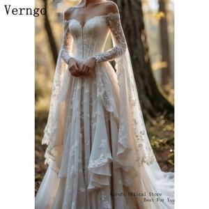 Verngo Boho 오프 숄더 긴 소매 웨딩 드레스 레이스 코르셋 라인 신부 가운 요정 숲 우아한 신부 드레스 맞춤형