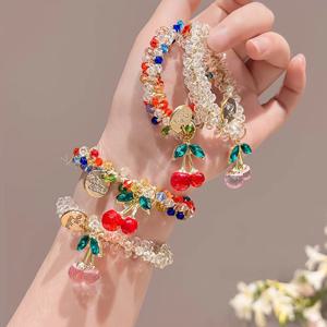 1/2pcs 다채로운 크리스탈 체리 헤어 로프 달콤한 라인 석 헤어 링 높은 탄성 머리띠 팔찌 듀얼 사용 힘줄 머리 장식