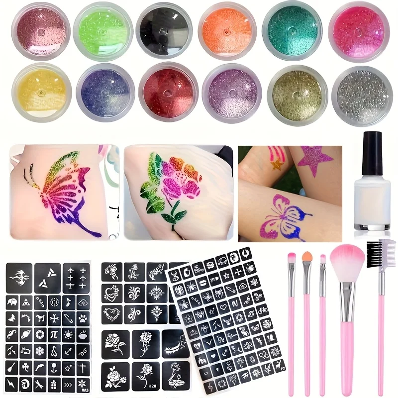 DIY 플래시 문신 12 색 반짝이, 여러 문신 템플릿 접착제 브러쉬 세트, DIY 반짝이 만화 스티커 문신 세트 포함