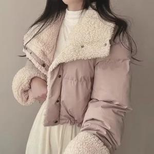 양면 착용 양털 패치워크 다운 코튼 재킷 여성용 가을 겨울 패션 숏 빅 라펠 학생 브레드 코트
