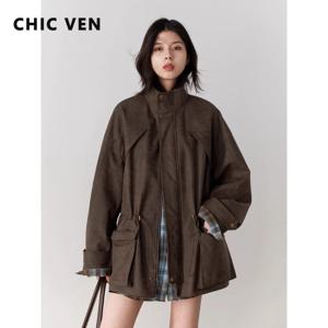 CHIC VEN 신상 여성 스웨이드 재킷 루즈 레트로 스탠드업 칼라 중간 길이 여성 캐주얼 코트 여성용 오버코트 가을 겨울 2025