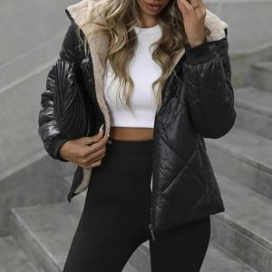 후드 숏 코트 여성 파카 지퍼 긴 소매 가디건 아우터웨어 솔리드 캐주얼 따뜻한 포켓 스플라이스 심플 재킷 겨울 2025