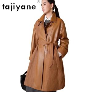 TAJIYANE 1층 양가죽과 린넨 혼합 코트 여성용 롱 트렌치코트 천연 가죽 재킷 2026 가을옷 신상 아우터