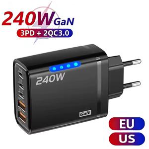 240W GaN 5포트 고속 충전 스테이션 3PD 2USB 데스크 어댑터 (아이폰 17, 16, 15 Pro, 삼성, 샤오미 호환) EU/US 벽면 플러그 USB C 충전기