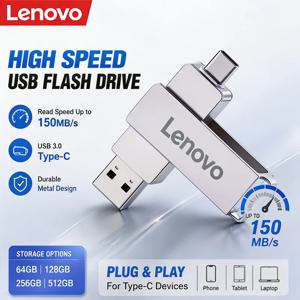 레노버 고속 USB 3.0 플래시 드라이브 512GB 메탈 타입-C U 디스크 256GB 128GB 메모리 스틱 PC 휴대폰 데이터 전송 네트워크 카드