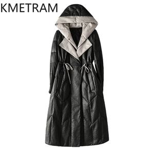 KMETRAM 정품 양가죽 푸퍼 재킷 여성용 후드 슬림 다운 재킷 따뜻한 겨울 롱 코트 프리미엄 여성 의류 2026 가죽자켓