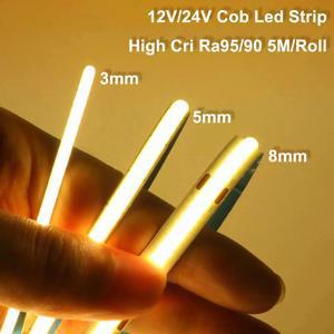 고품질 5M Cob Led 스트립 Cri90 무료 절단 12V 24V 3mm 5mm 8mm 자체 접착 Led 스트립 빛