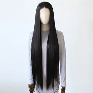 블랙 합성 레이스 프론트 가발 40인치 롱 스트레이트 가발 제트 블랙 레이스 프론트 합성 가발 Pre Plucked Natural Hairline