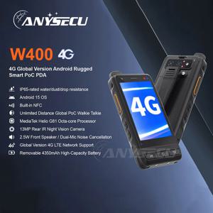 ANYSECU W400 PDA 방수 방진 워키토키 PoC Zello lP65 스마트폰 안드로이드 15 4350mAh 4G 글로벌 범위 워키토키 NFC